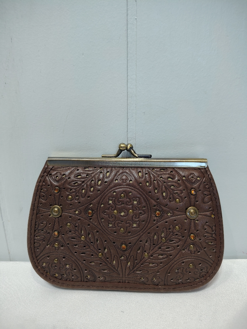 Vintage Tooled Leather Kiss Lock Wallet Brown Studded Boho Western Clutch